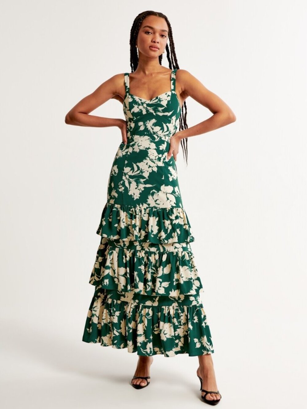 Abercrombie & Fitch Ruffle Tiered Maxi Dress Green Pattern Size S NWT $150
